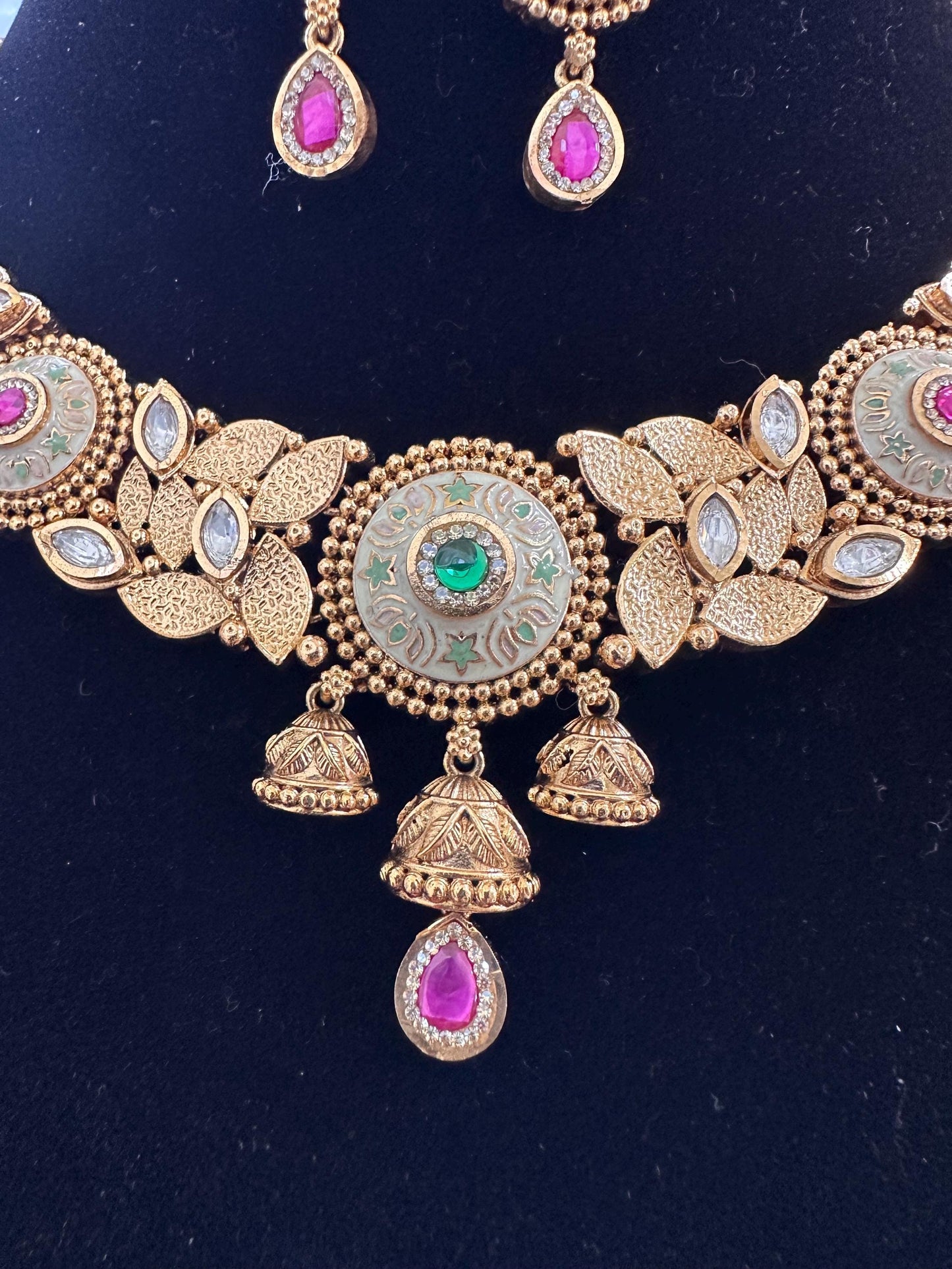 Rajwadi necklace set long, adjustable gold polished
