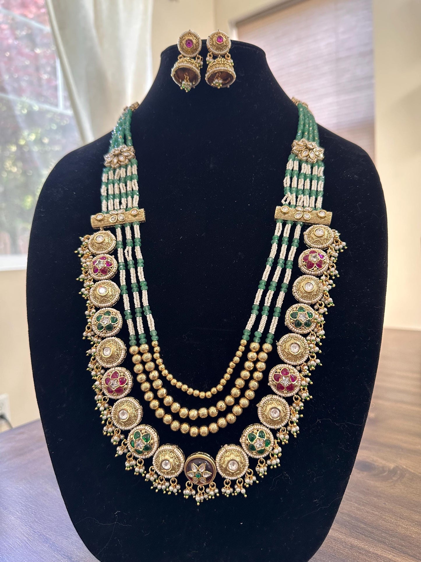 Pushpa 2 Rashmika Mandana inspired style Rajwadi necklace set long with polki and American diamonds, adjustable gold polished