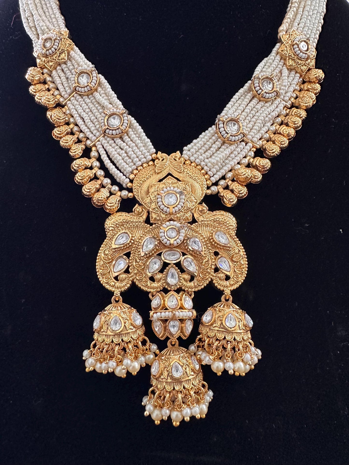 Amrapali style Rajwadi necklace set with polki, adjustable gold polished