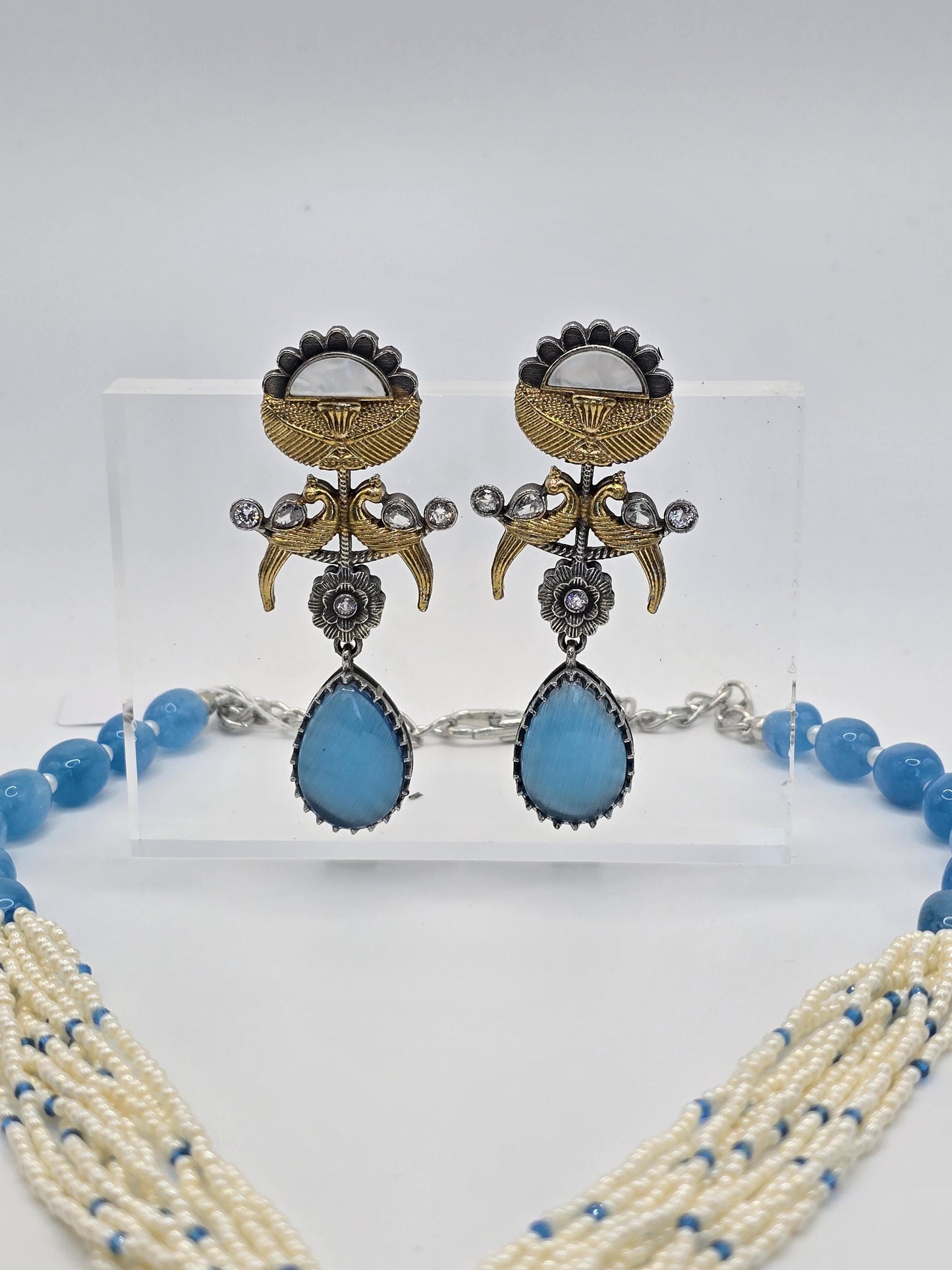 German silver long necklace set with pearls doublet stone with inlay work
