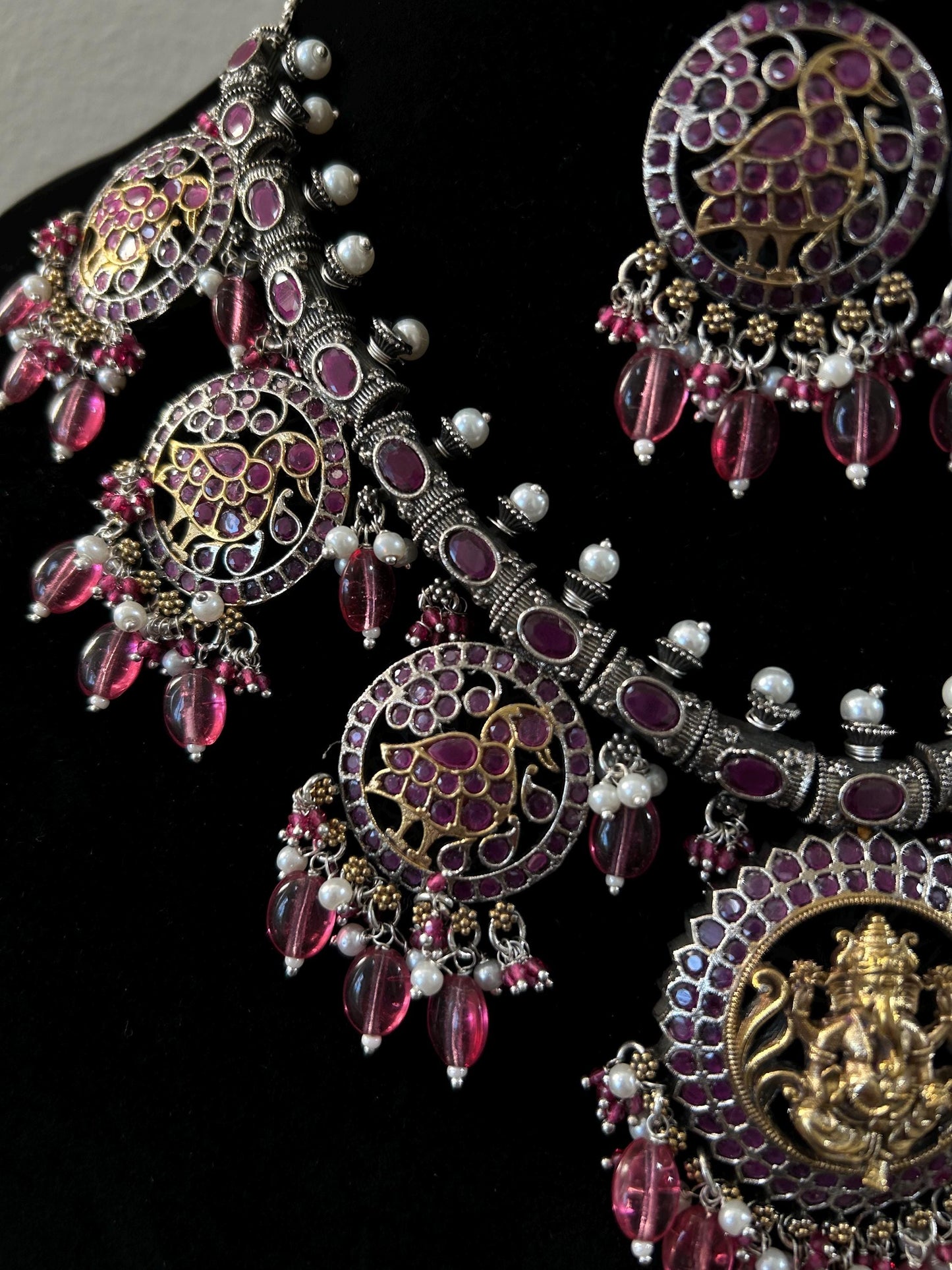 German silver necklace set with rhinestones Tempe jewelry style with Ganesha idol ganpati