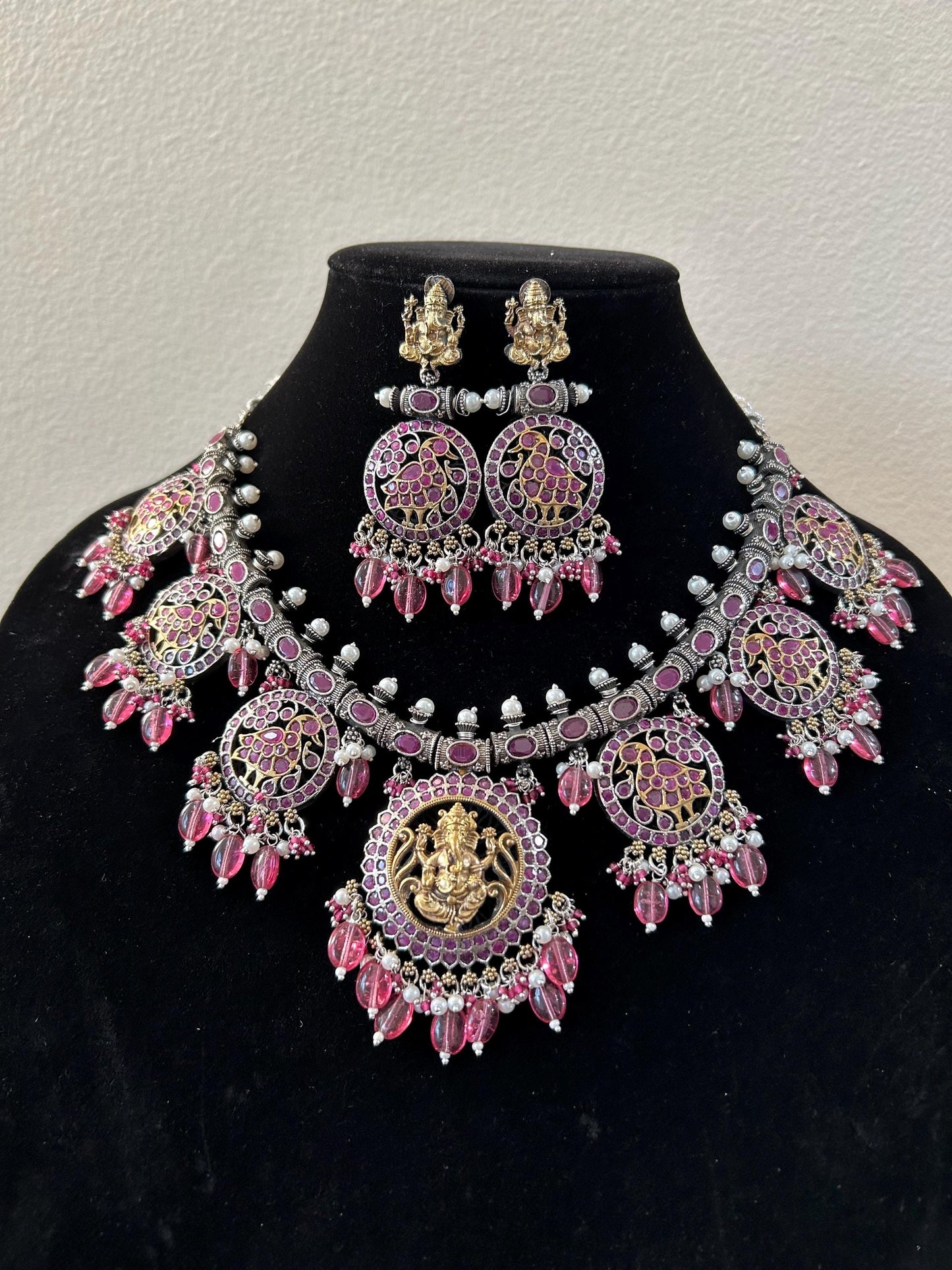German silver necklace set with rhinestones Tempe jewelry style with Ganesha idol ganpati