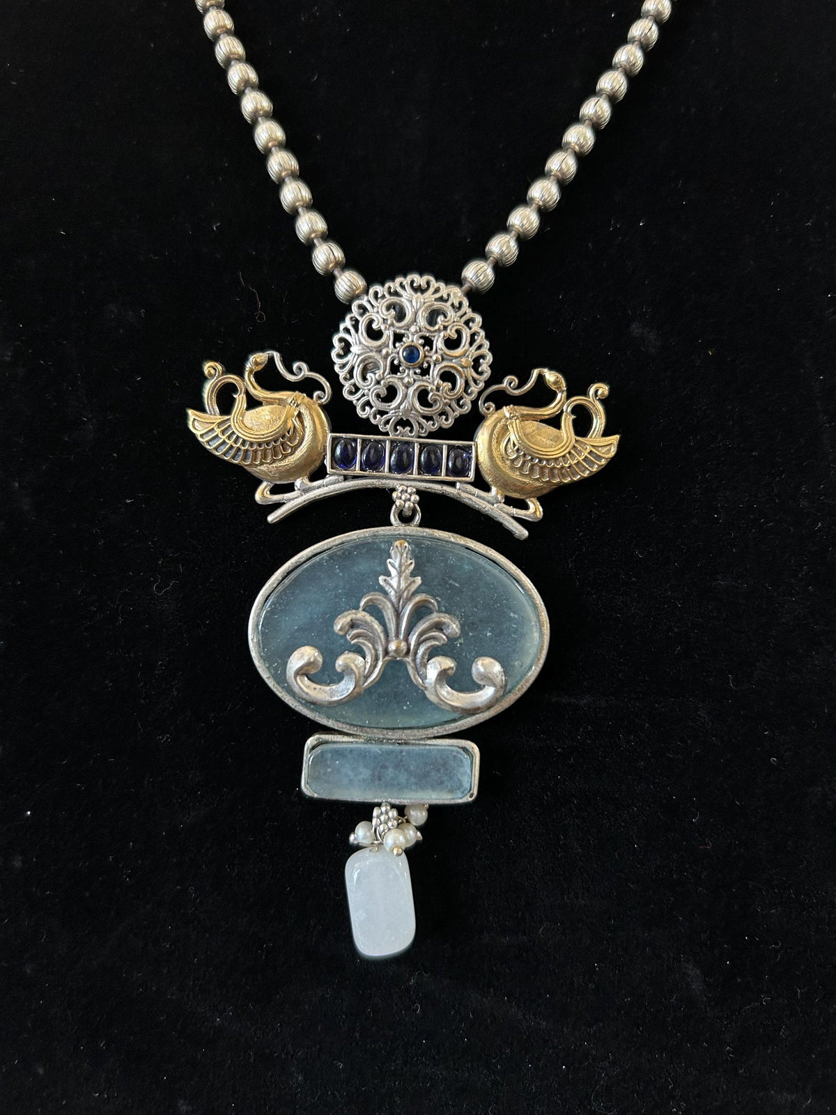 German silver necklace set with doublet stone with inlay work long