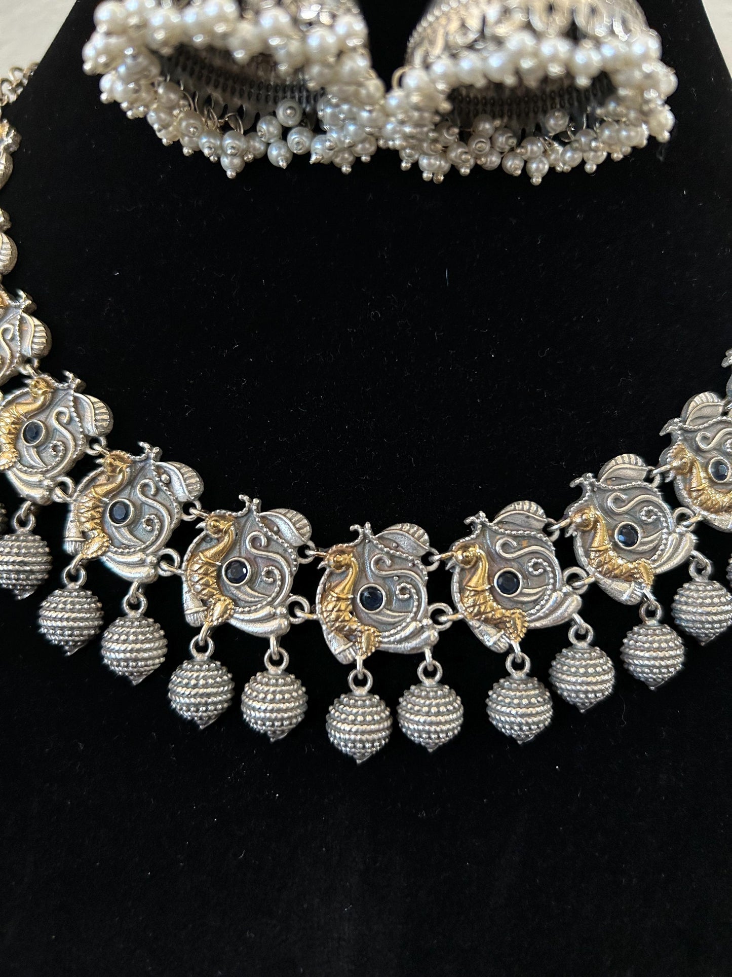 German silver necklace set with rhinestones and jhumka earrings