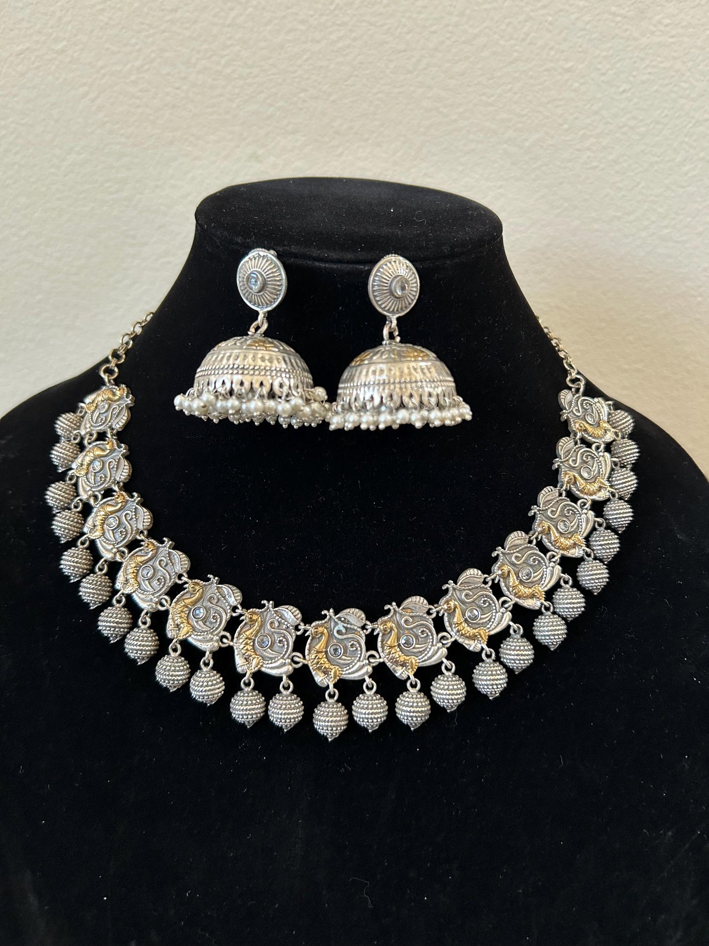 German silver necklace set with rhinestones and jhumka earrings