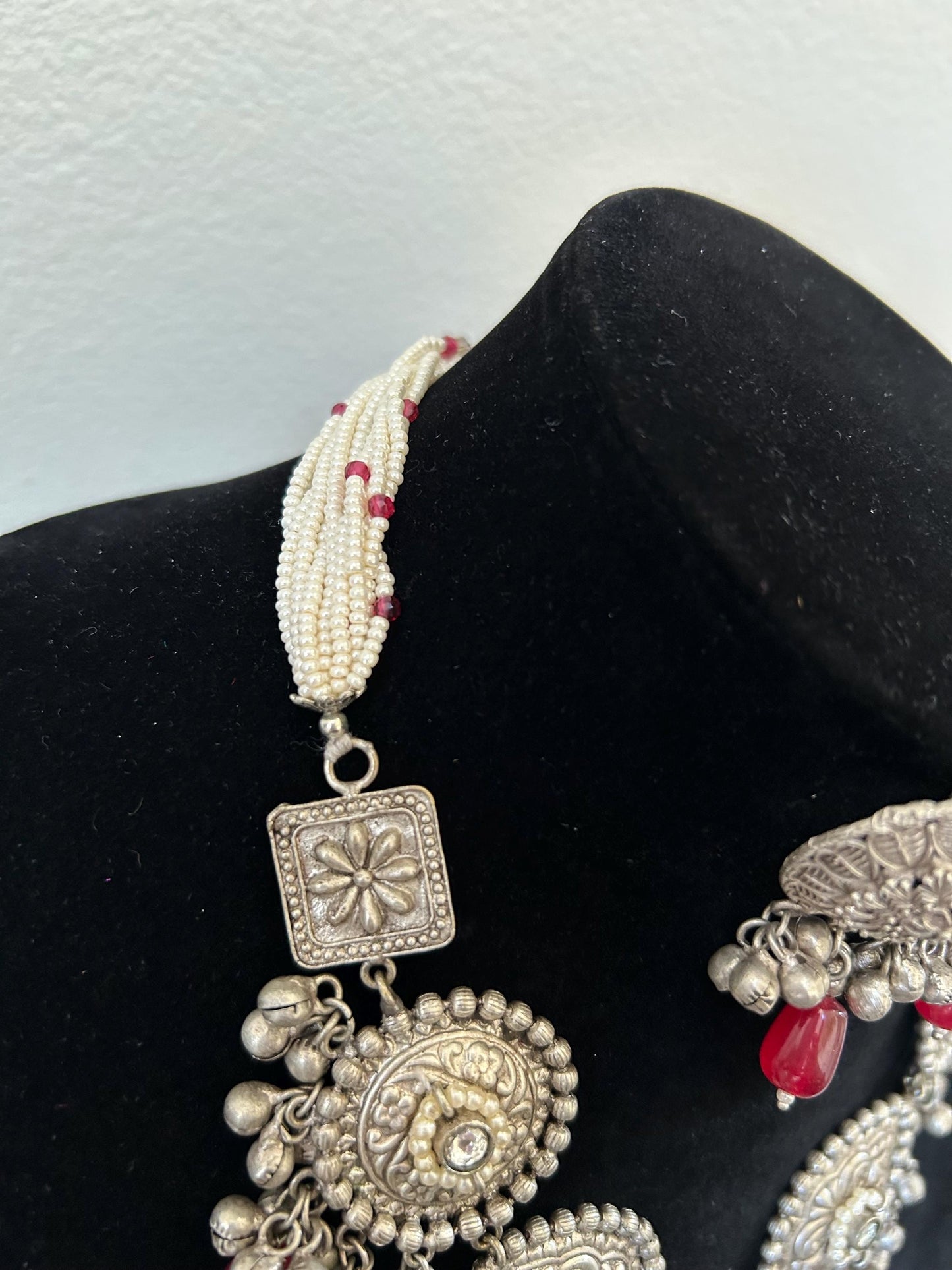 German silver necklace set with black rhinestones