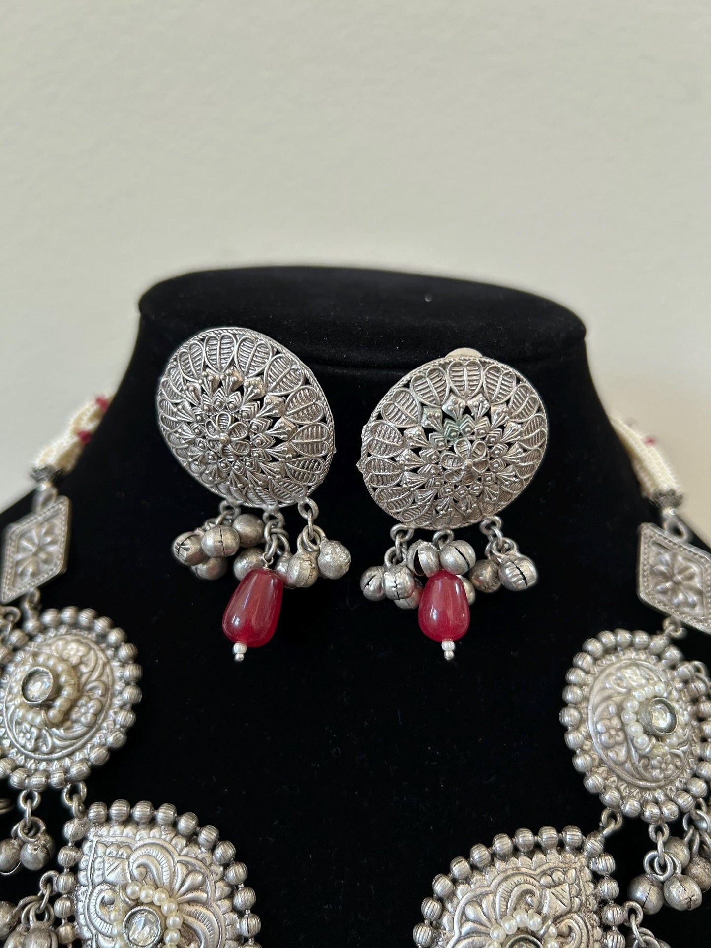 German silver necklace set with black rhinestones