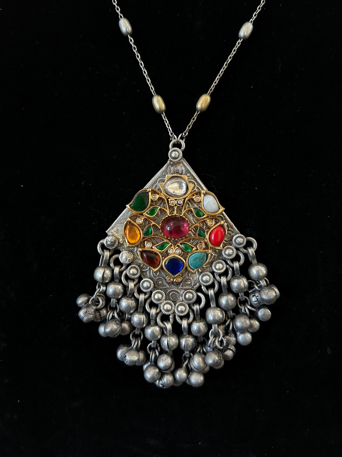 German silver necklace set with rhinestones and navratnas (NO earrings)