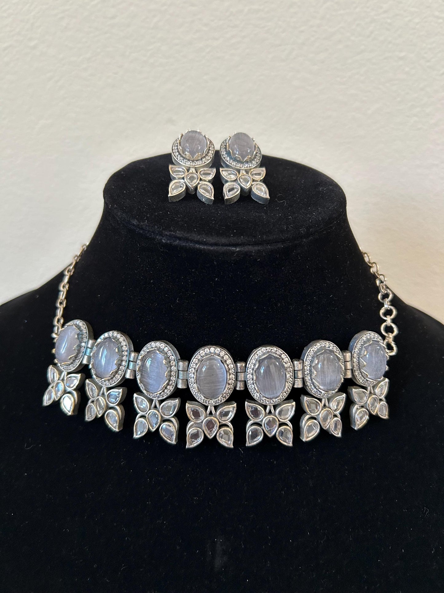 German silver necklace set with doublet stone and rhinestones
