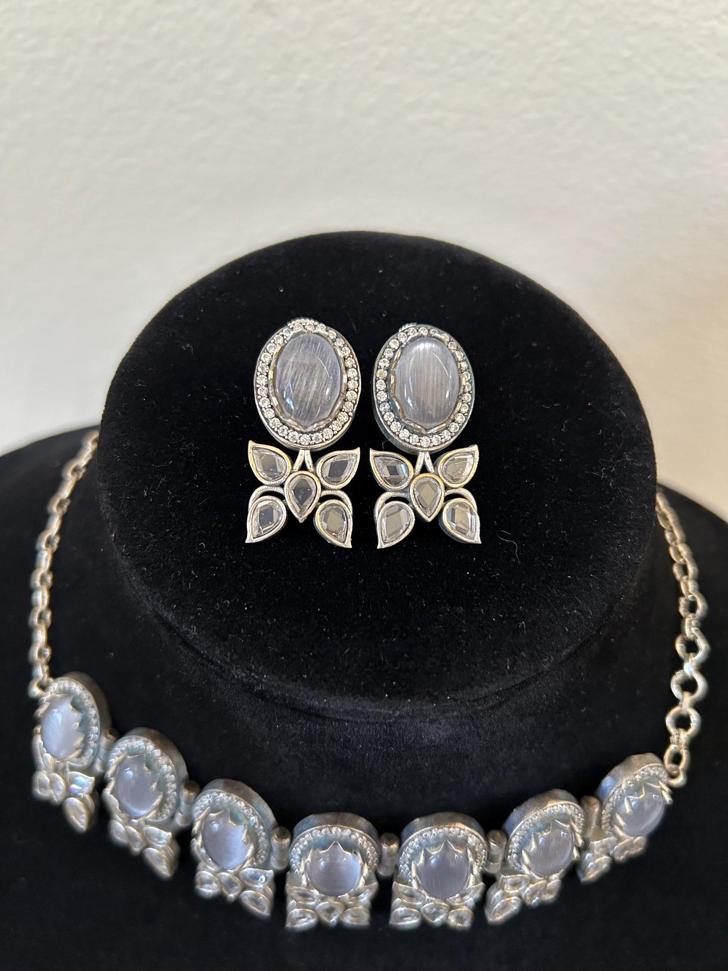 German silver necklace set with doublet stone and rhinestones
