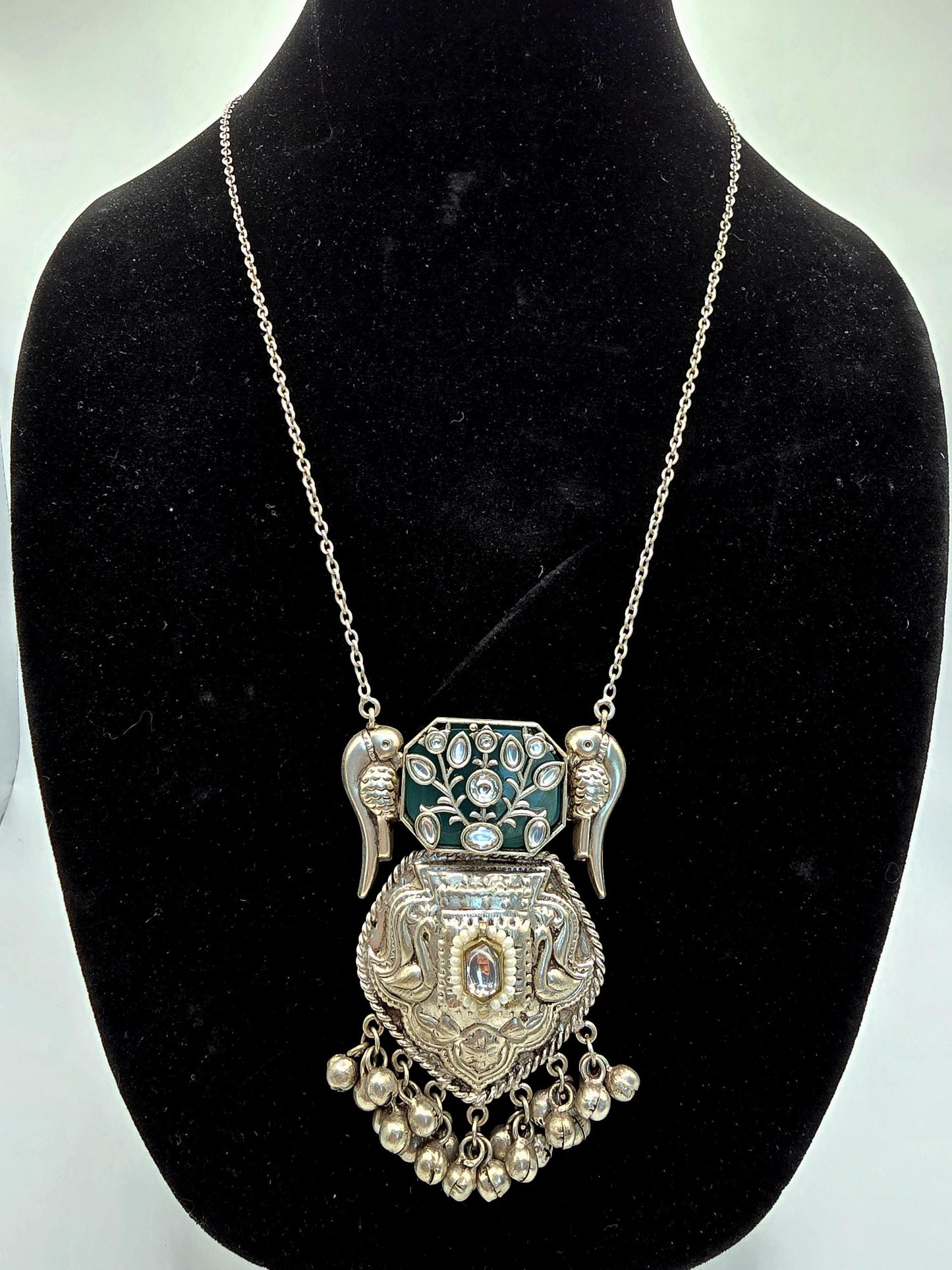 German silver necklace long set with doublet stone and inlay work with kundan and pearls