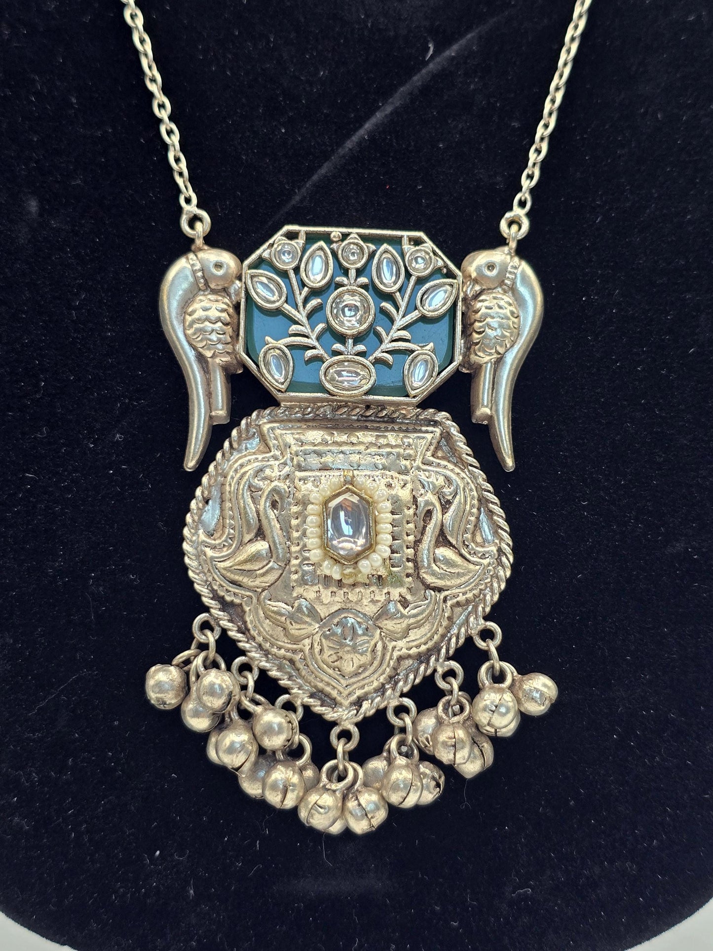 German silver necklace long set with doublet stone and inlay work with kundan and pearls