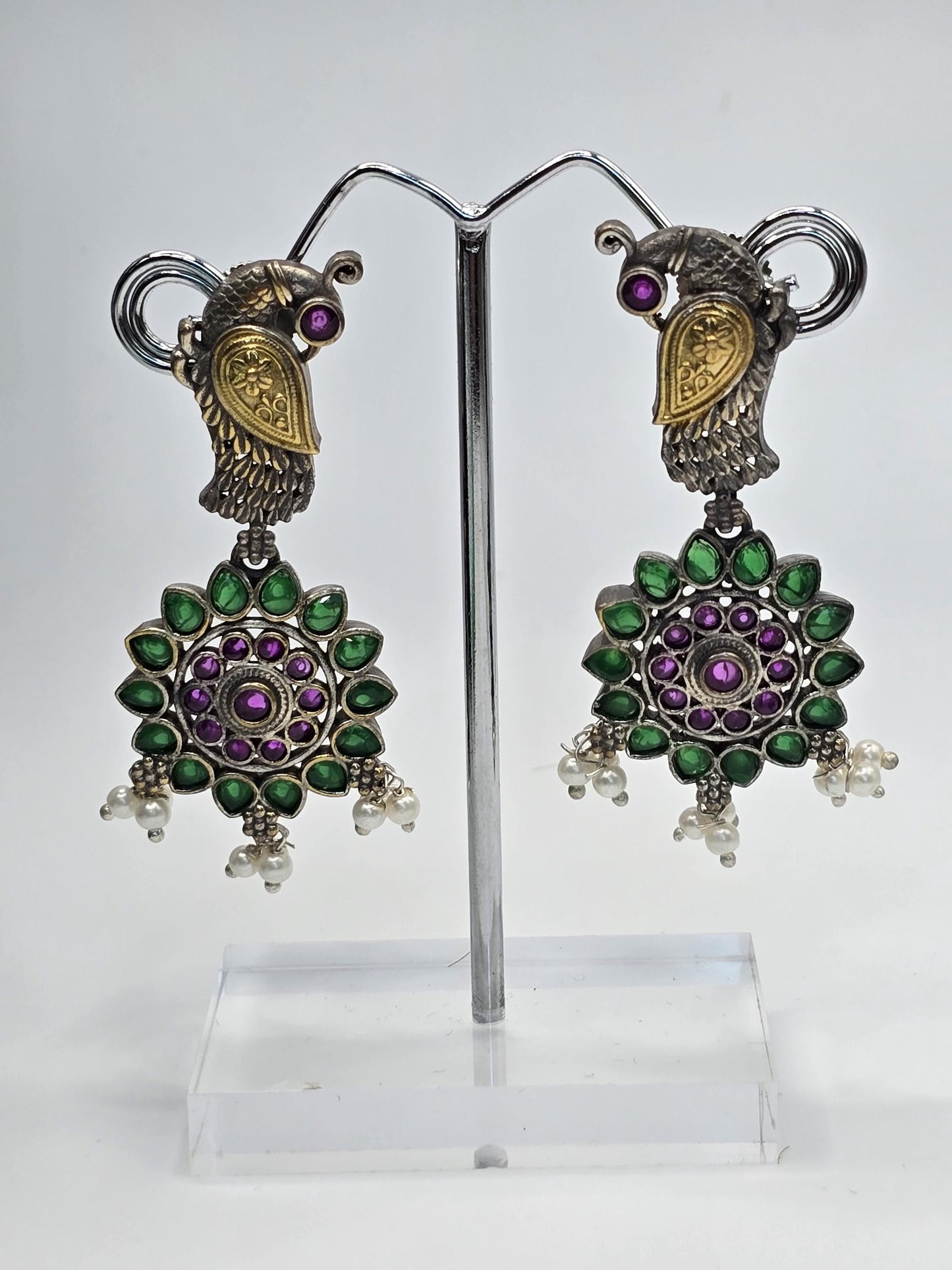German silver choker with peacock design ruby emeralds and pearls