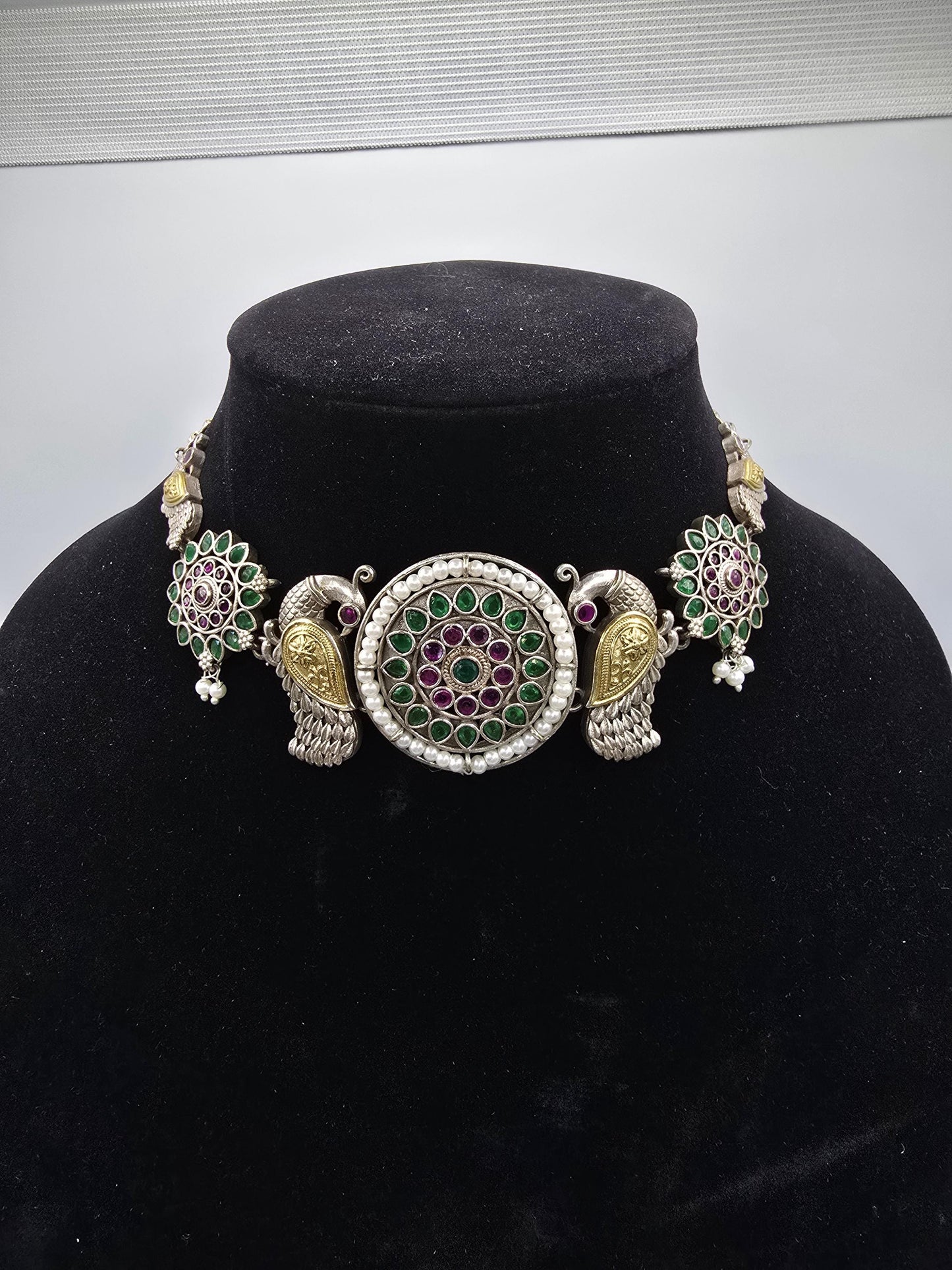 German silver choker with peacock design ruby emeralds and pearls