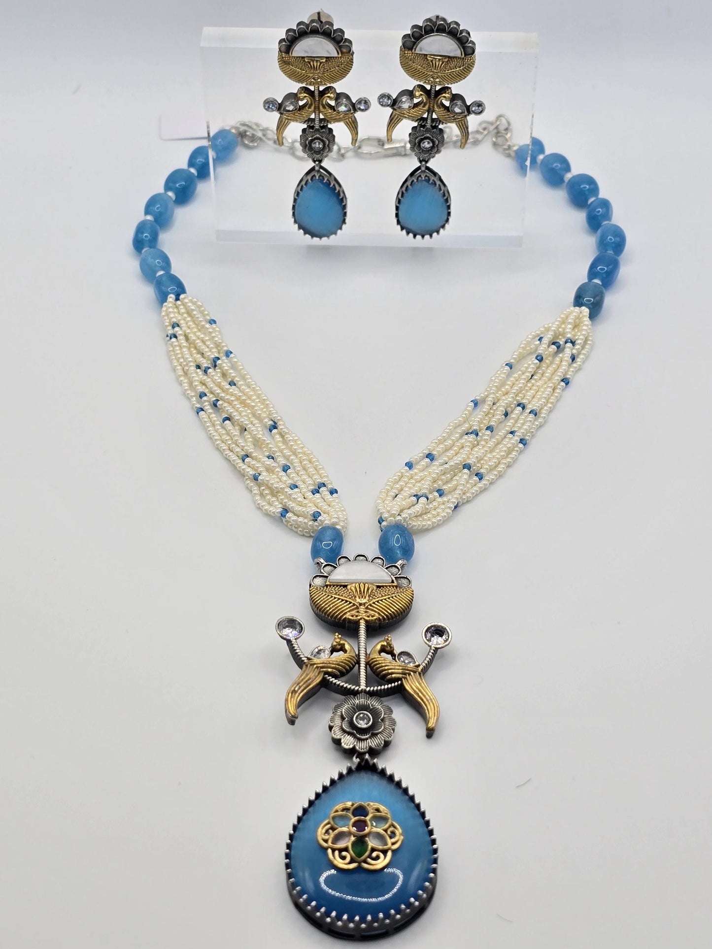 German silver long necklace set with pearls doublet stone with inlay work