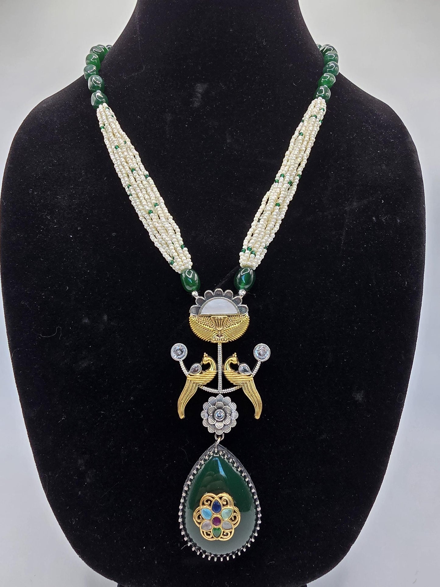 German silver long necklace set with pearls doublet stone with inlay work