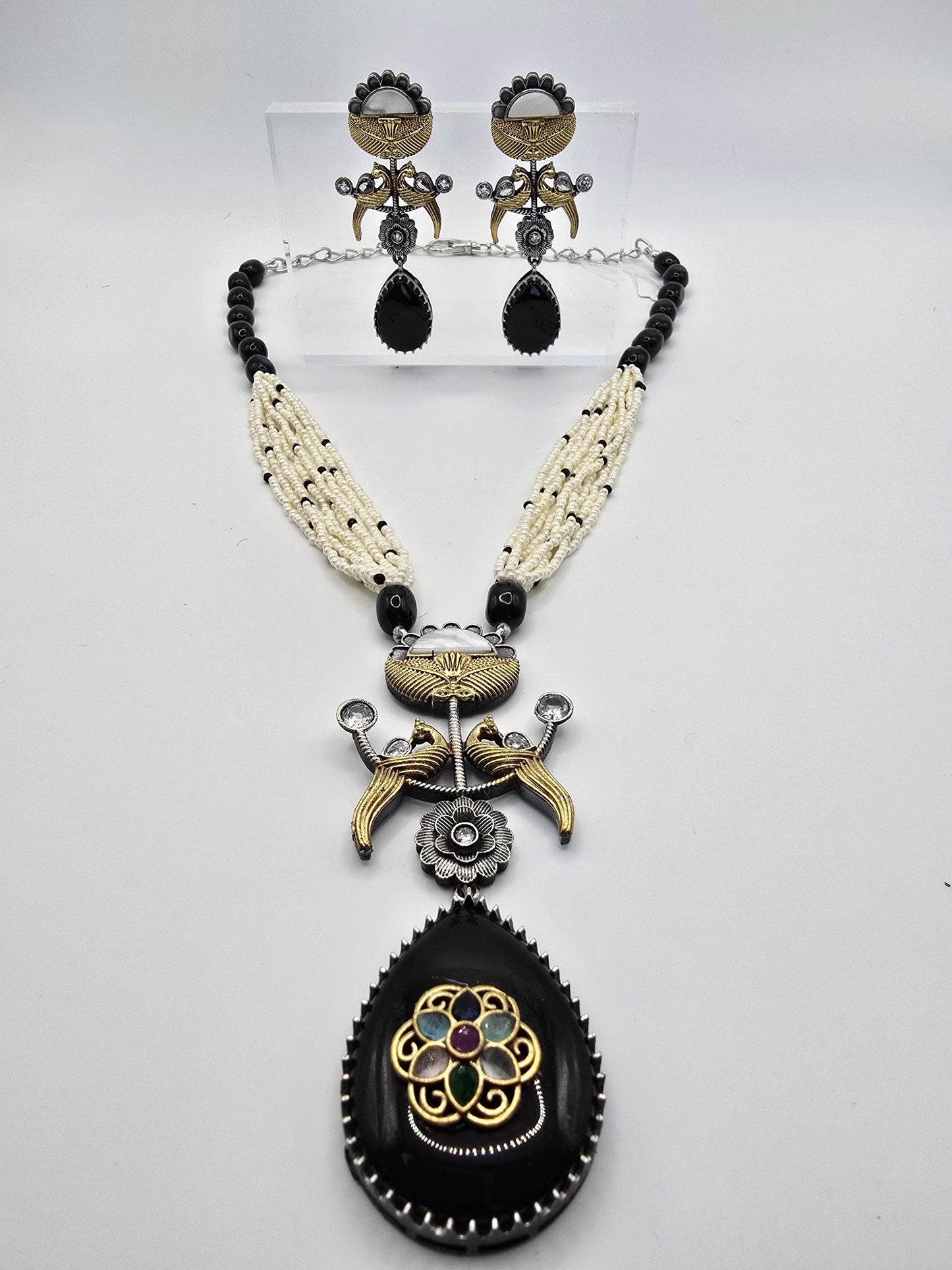 German silver long necklace set with pearls doublet stone with inlay work