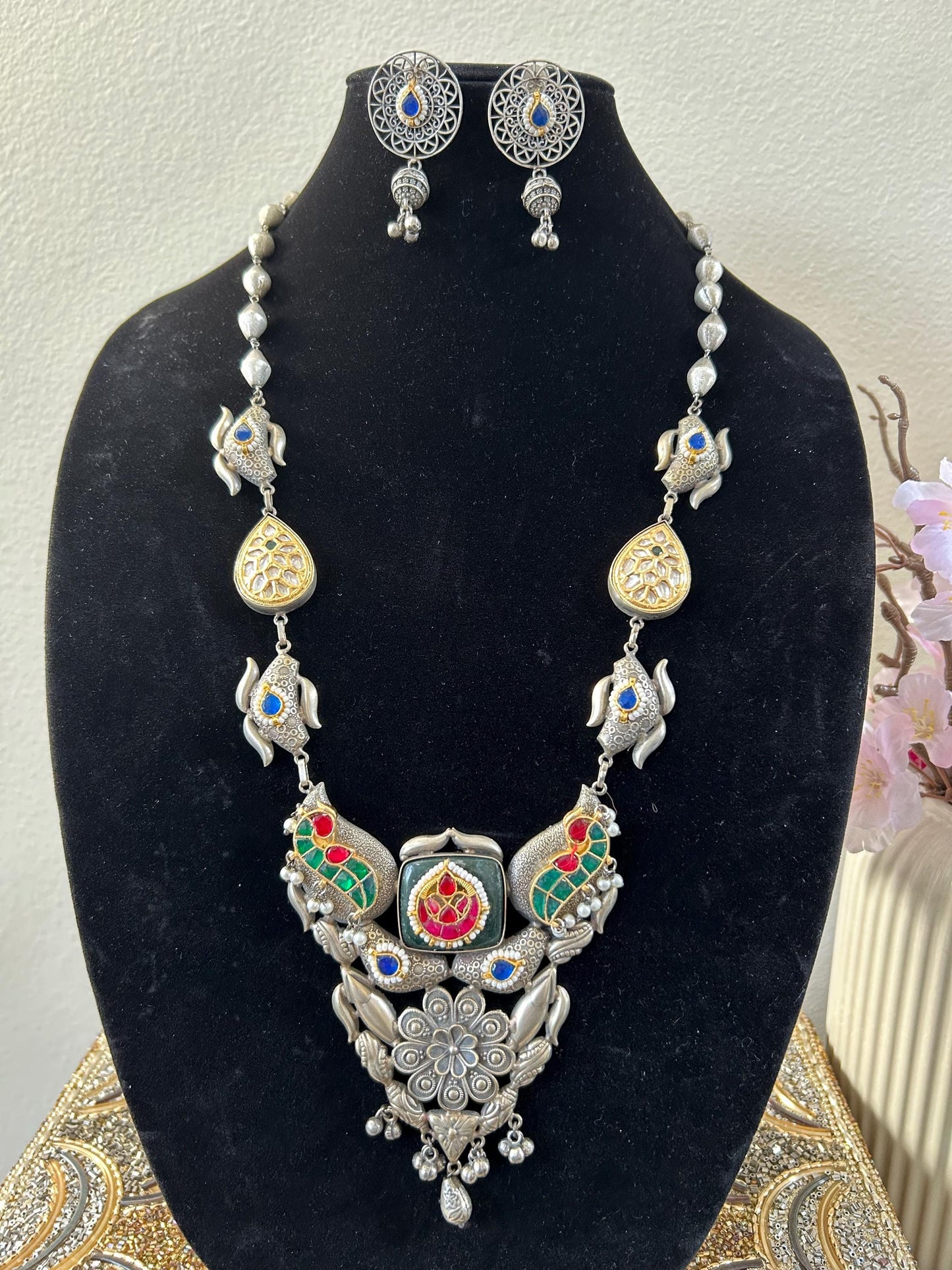 German silver necklace set with jadau Kundan Polki