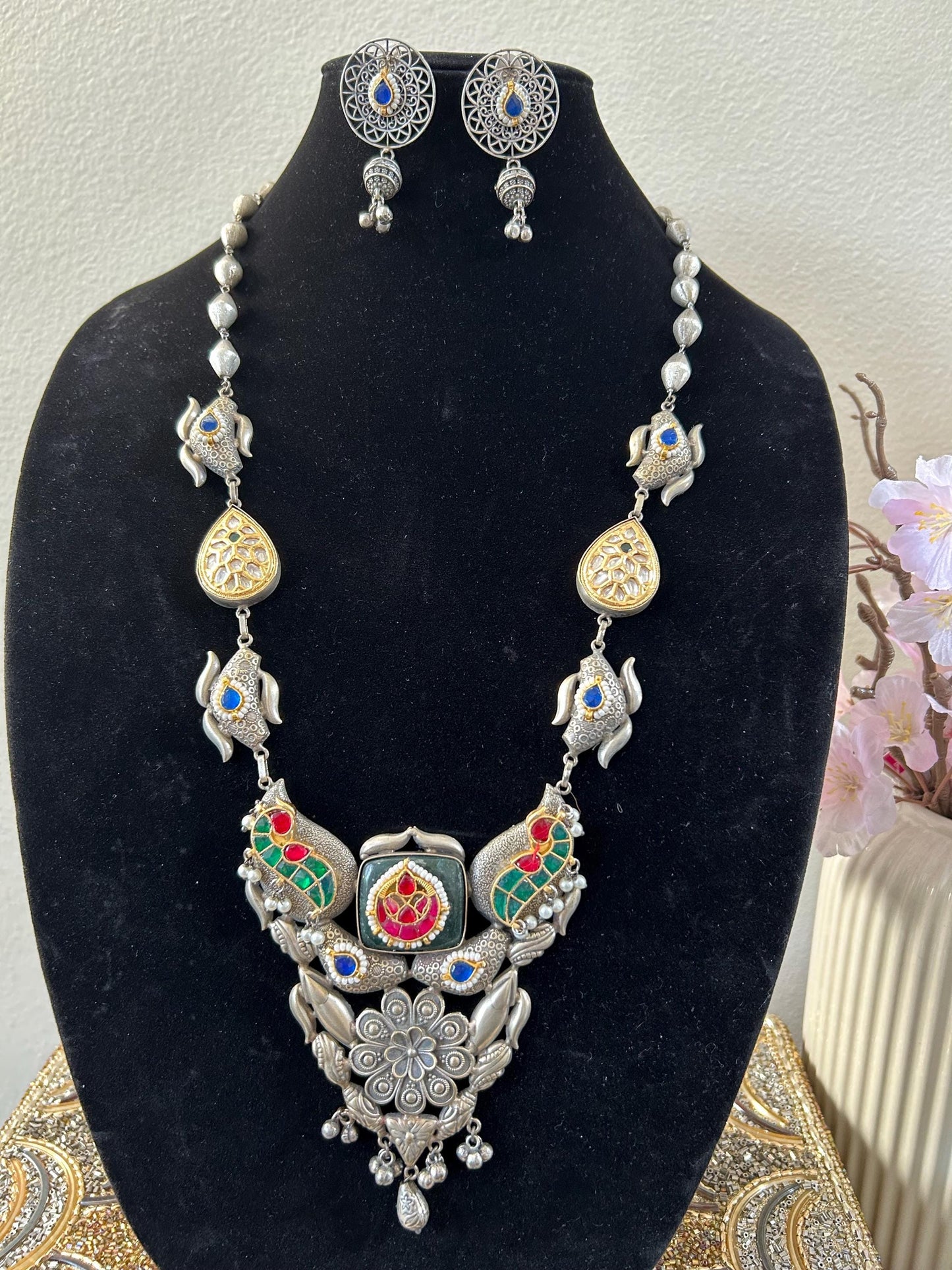 German silver necklace set with jadau Kundan Polki