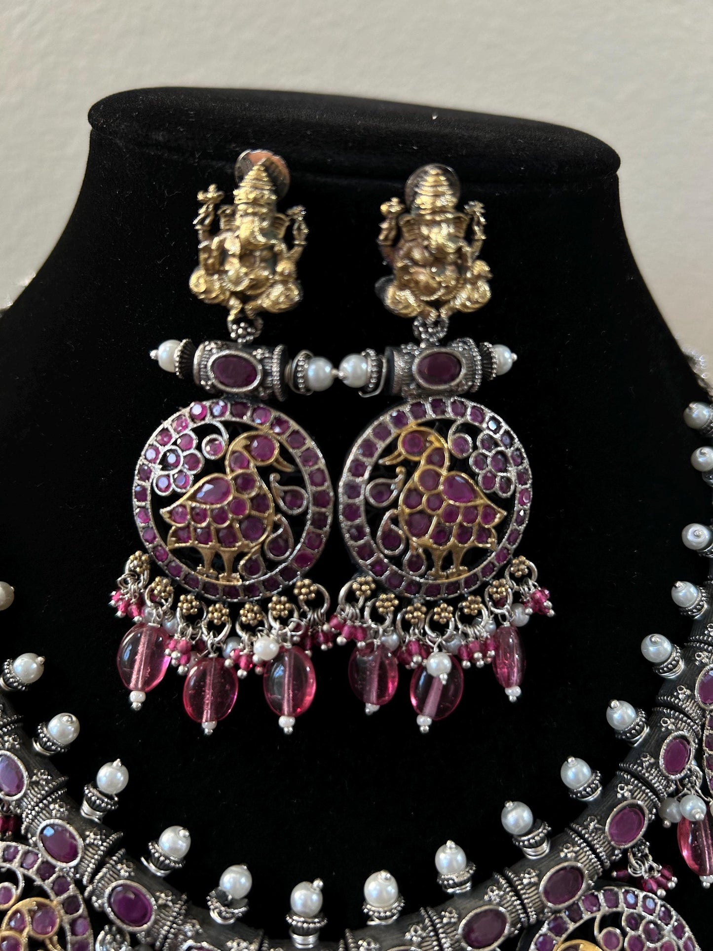 German silver necklace set with rhinestones Tempe jewelry style with Ganesha idol ganpati
