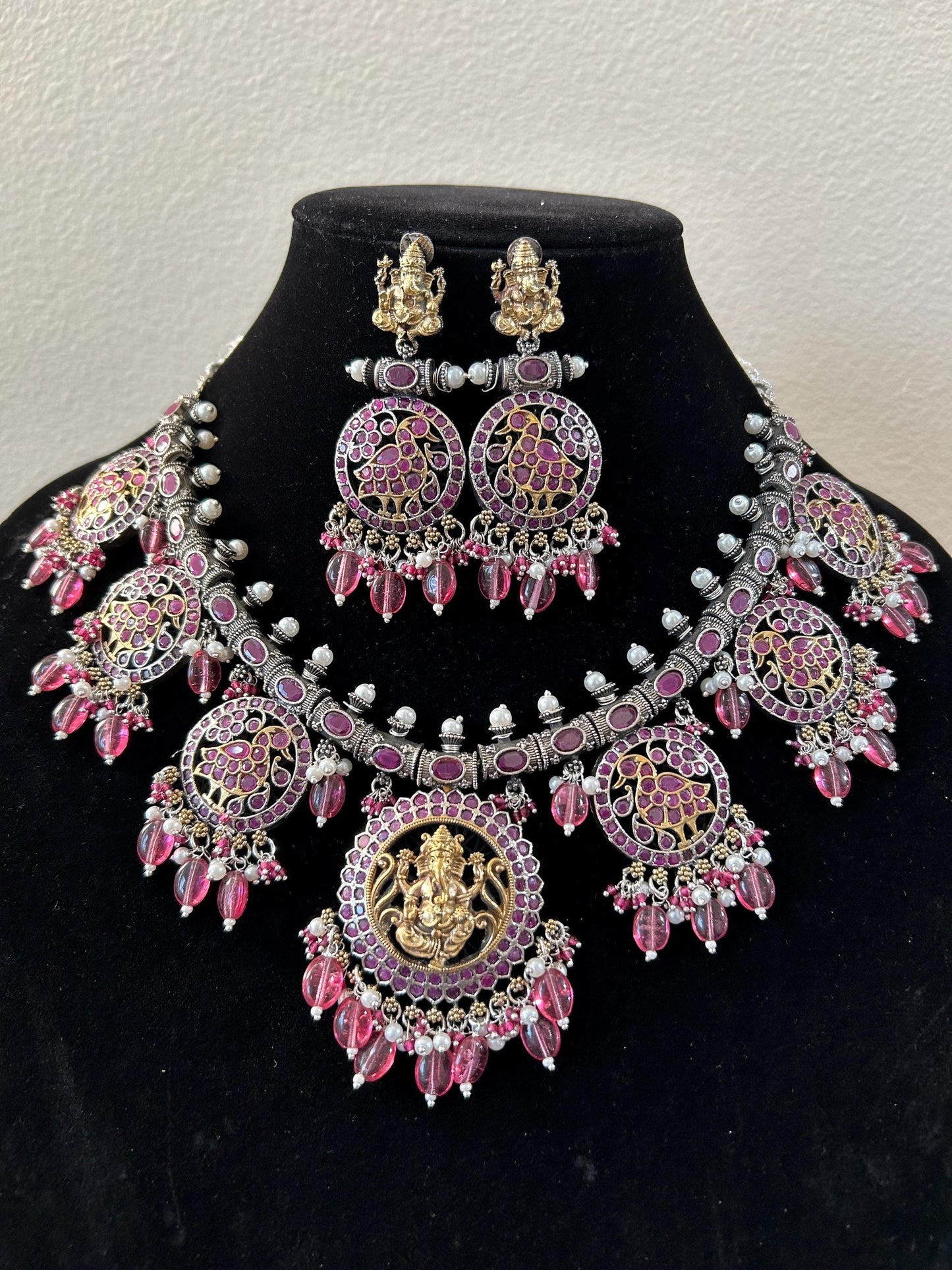 German silver necklace set with rhinestones Tempe jewelry style with Ganesha idol ganpati