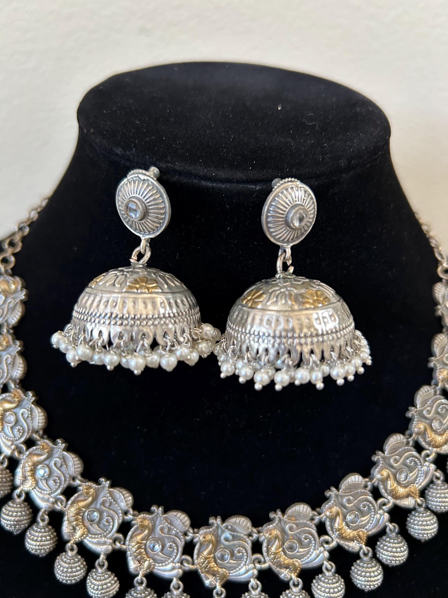 German silver necklace set with rhinestones and jhumka earrings