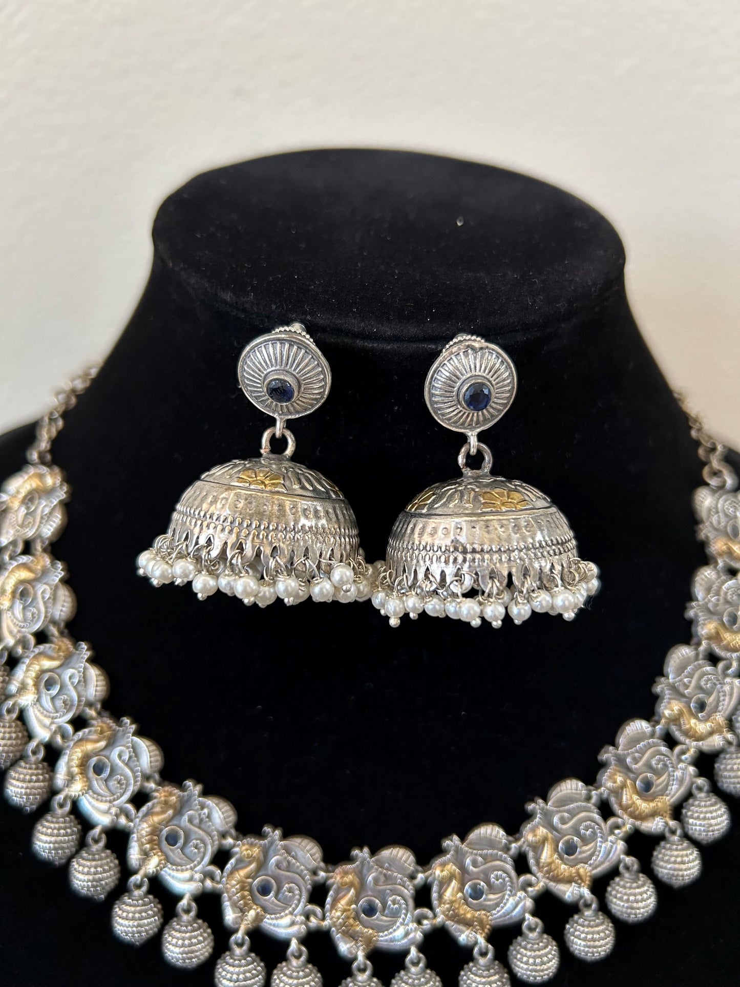 German silver necklace set with rhinestones and jhumka earrings