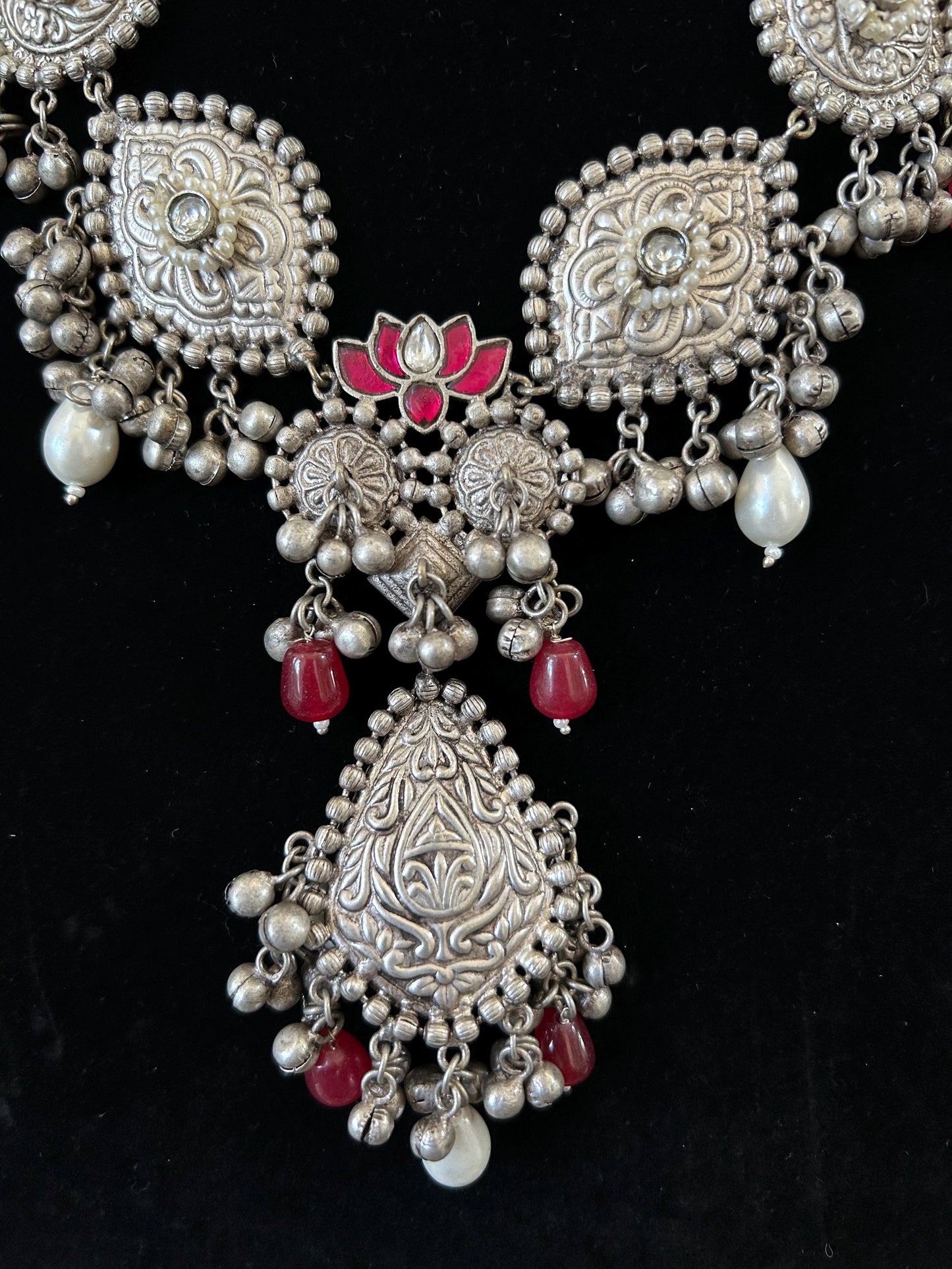 German silver necklace set with black rhinestones