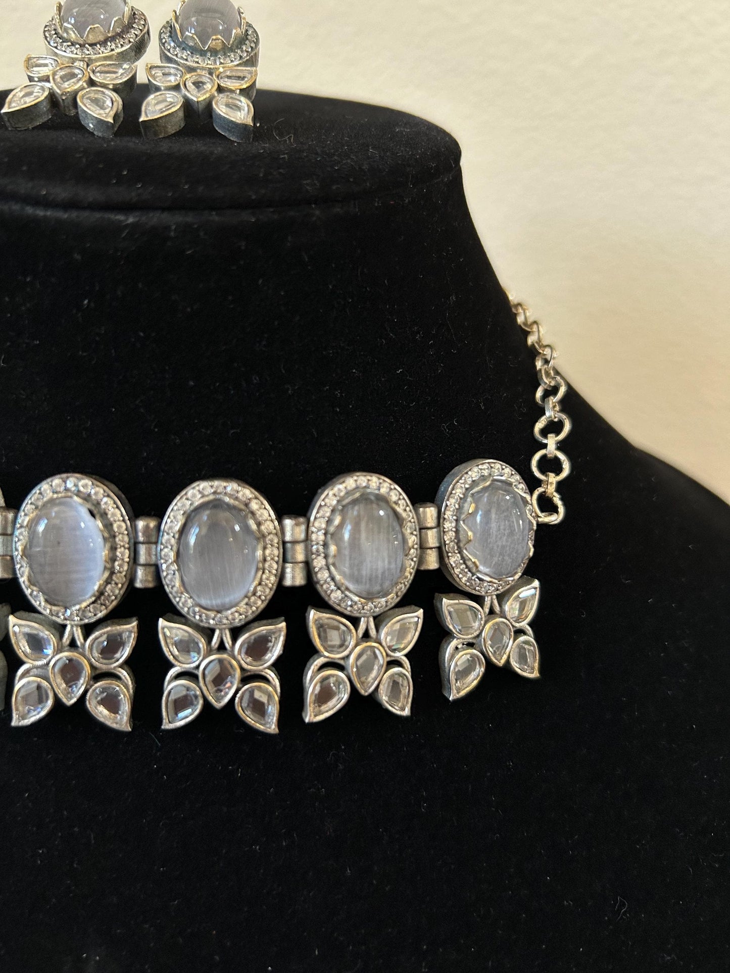 German silver necklace set with doublet stone and rhinestones