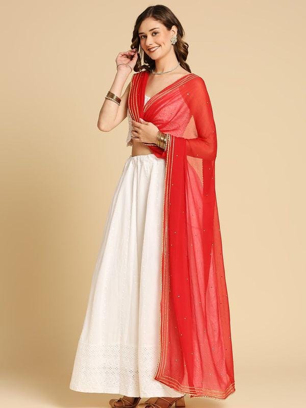 Red Embellished Chiffon Dupatta, trendy, elegant, classy stole shawl