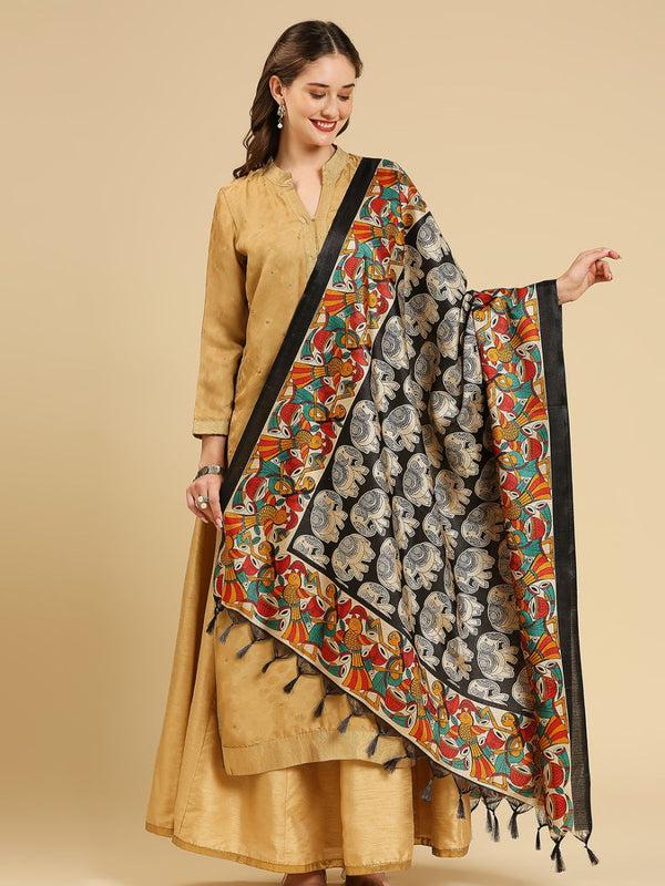Elephant design black color art silk dupatta/shawl/stole