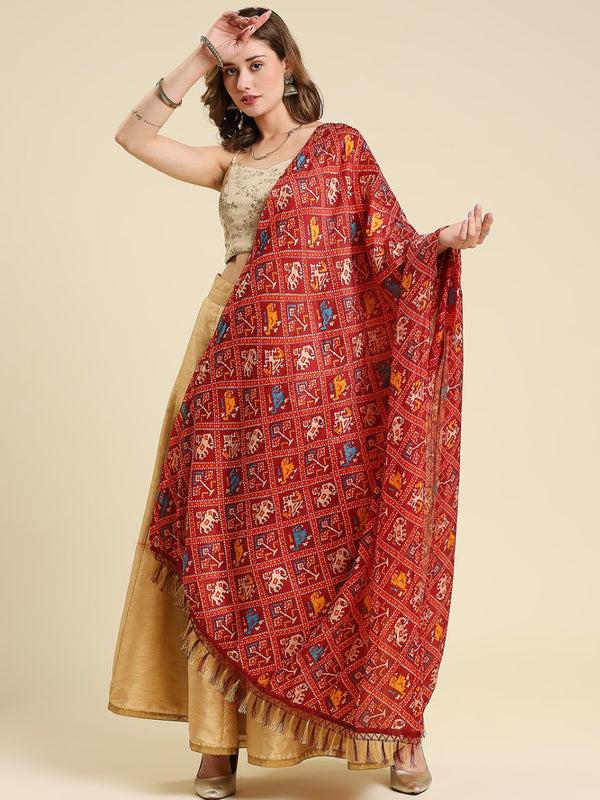 Crushed patola printed red color art silk dupatta/shawl/stole