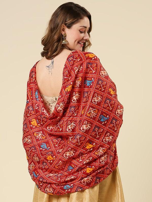 Crushed patola printed red color art silk dupatta/shawl/stole