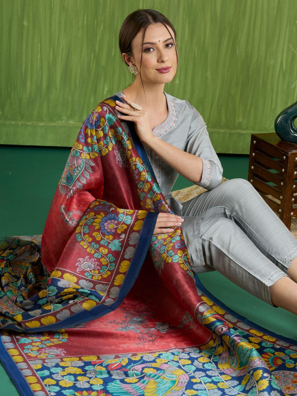 Ethnic Pichwai Printed Maroon & Multi Assam Silk Dupatta dupatta/shawl/stole