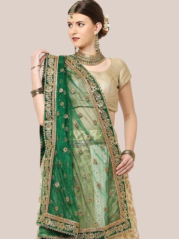 Embroidered Green Bridal & Wedding Wear Net Dupatta/shawl/stole