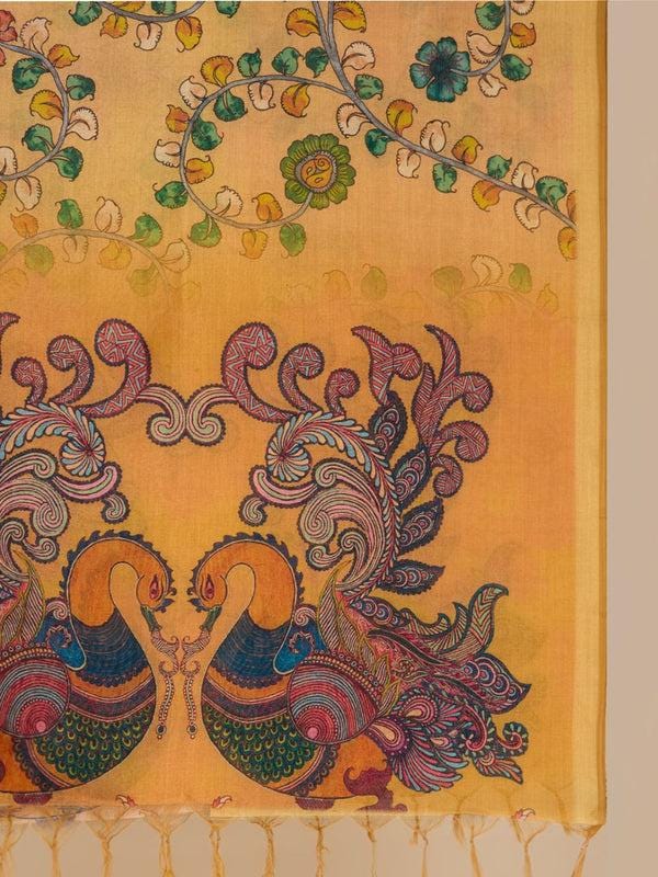 Ethnic Pichwai Printed Yellow & Multi Assam Silk Dupatta/Stole/Shawl