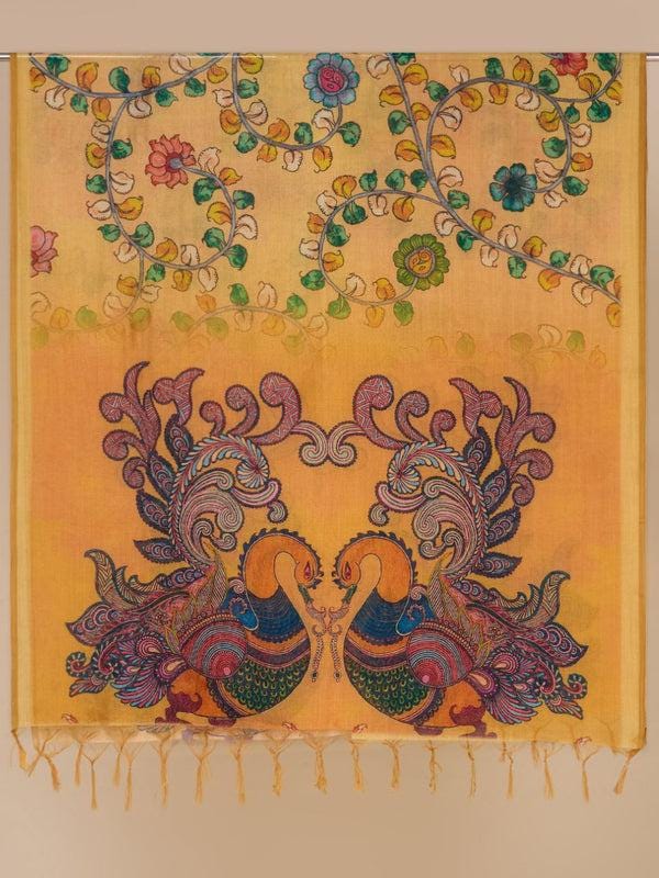 Ethnic Pichwai Printed Yellow & Multi Assam Silk Dupatta/Stole/Shawl