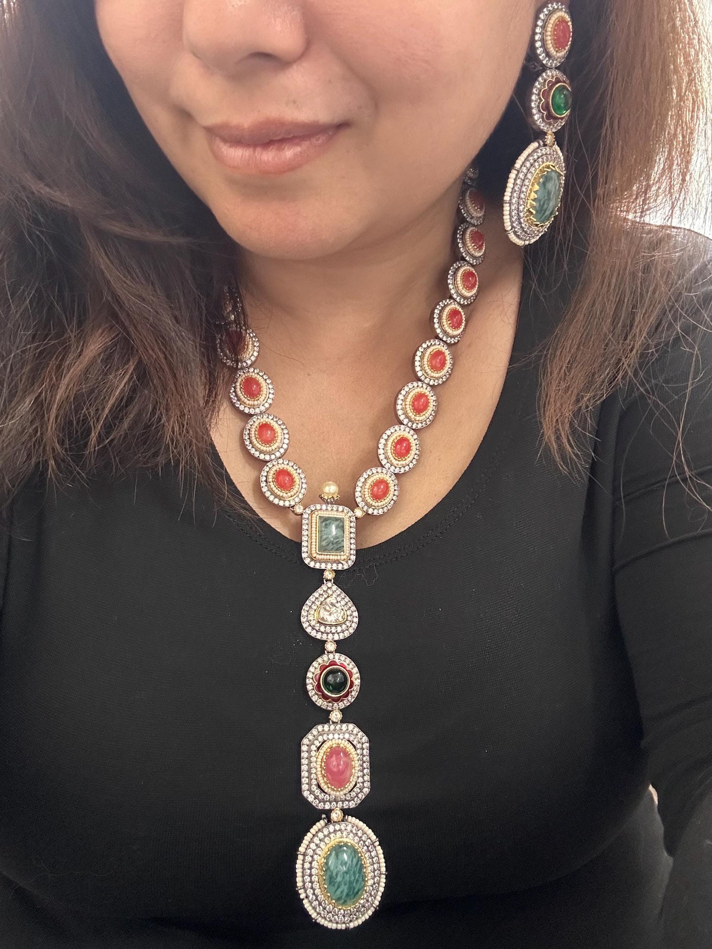 Premium semiprecious stones necklace set adjustable, long sabyasachi inspired