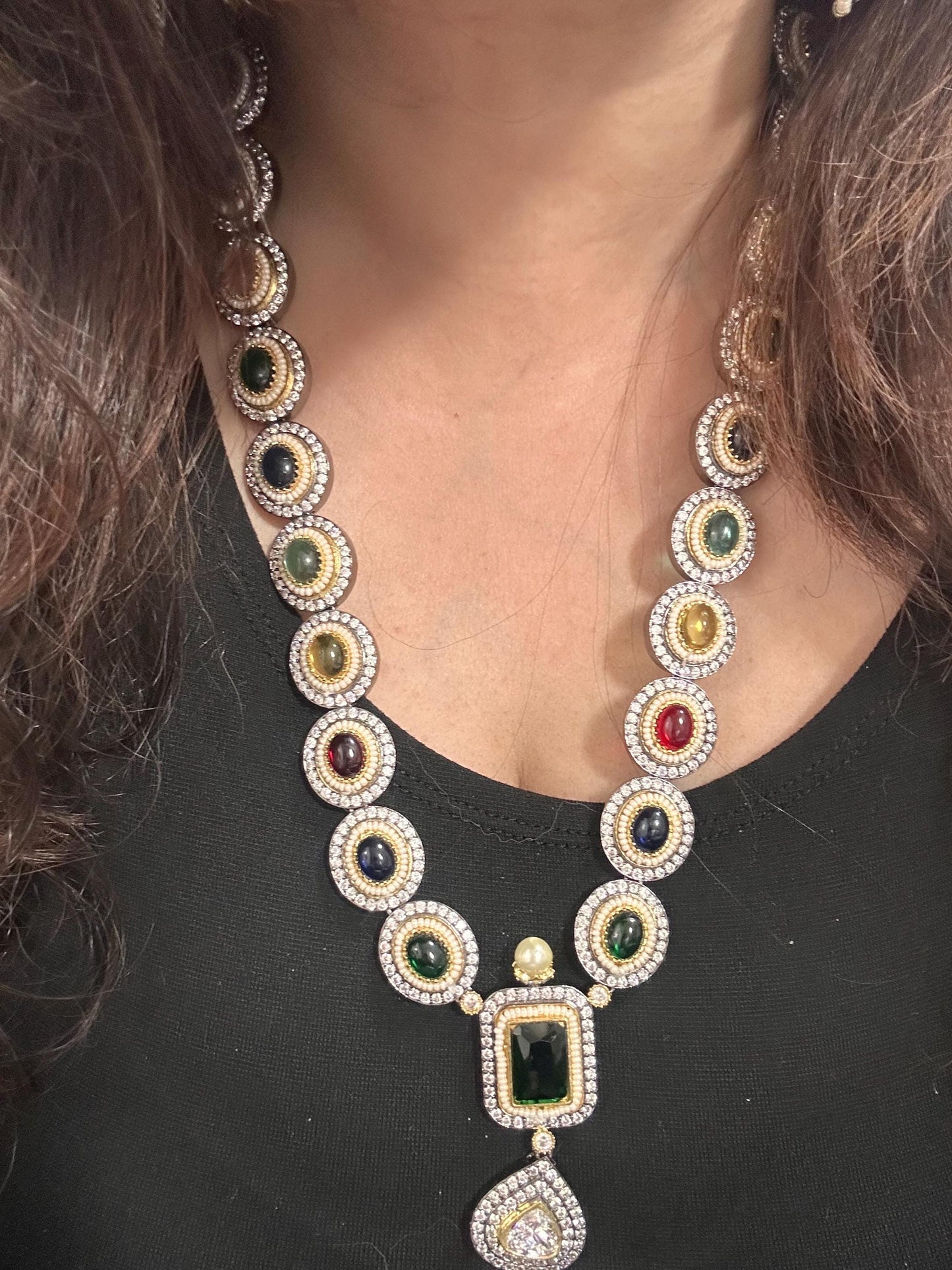 Premium semiprecious stones necklace set adjustable, long sabyasachi inspired