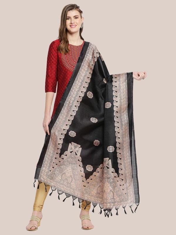 Black & Beige Printed Art Silk Dupatta/shawl/stole