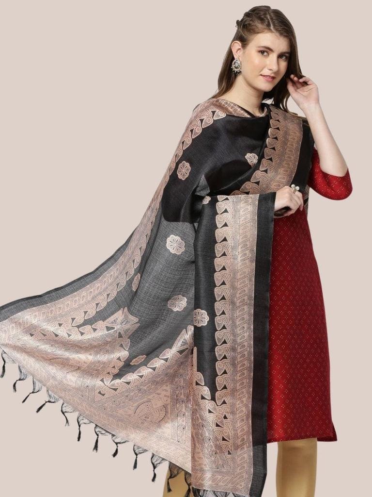 Black & Beige Printed Art Silk Dupatta/shawl/stole