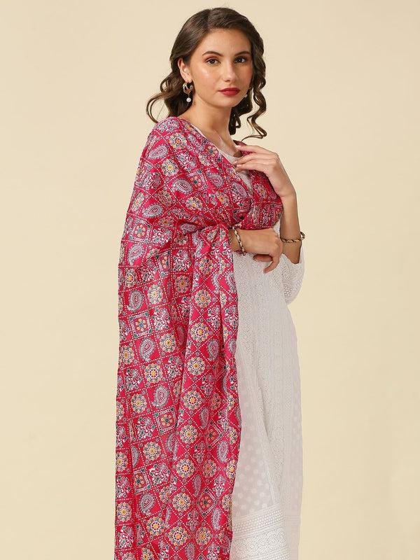 Rani Pink Printed Poly Chinnon Dupatta/shawl/stole