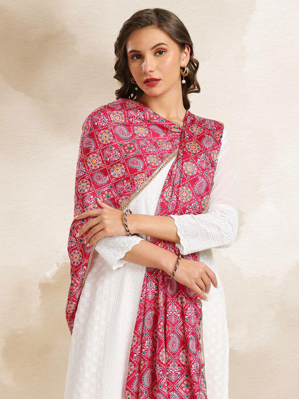 Rani Pink Printed Poly Chinnon Dupatta/shawl/stole
