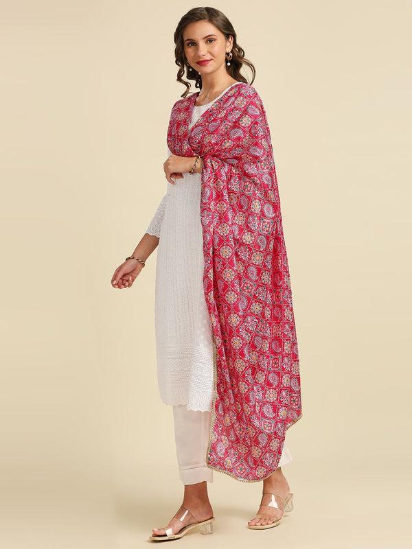 Rani Pink Printed Poly Chinnon Dupatta/shawl/stole