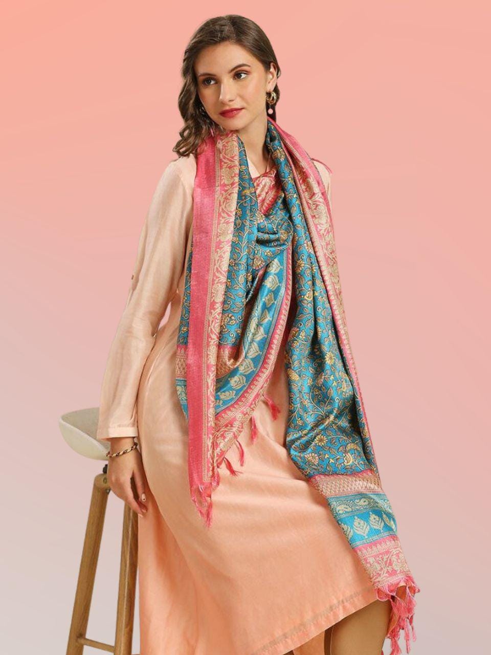 Peacock design pink and blue color art silk dupatta/shawl/stole