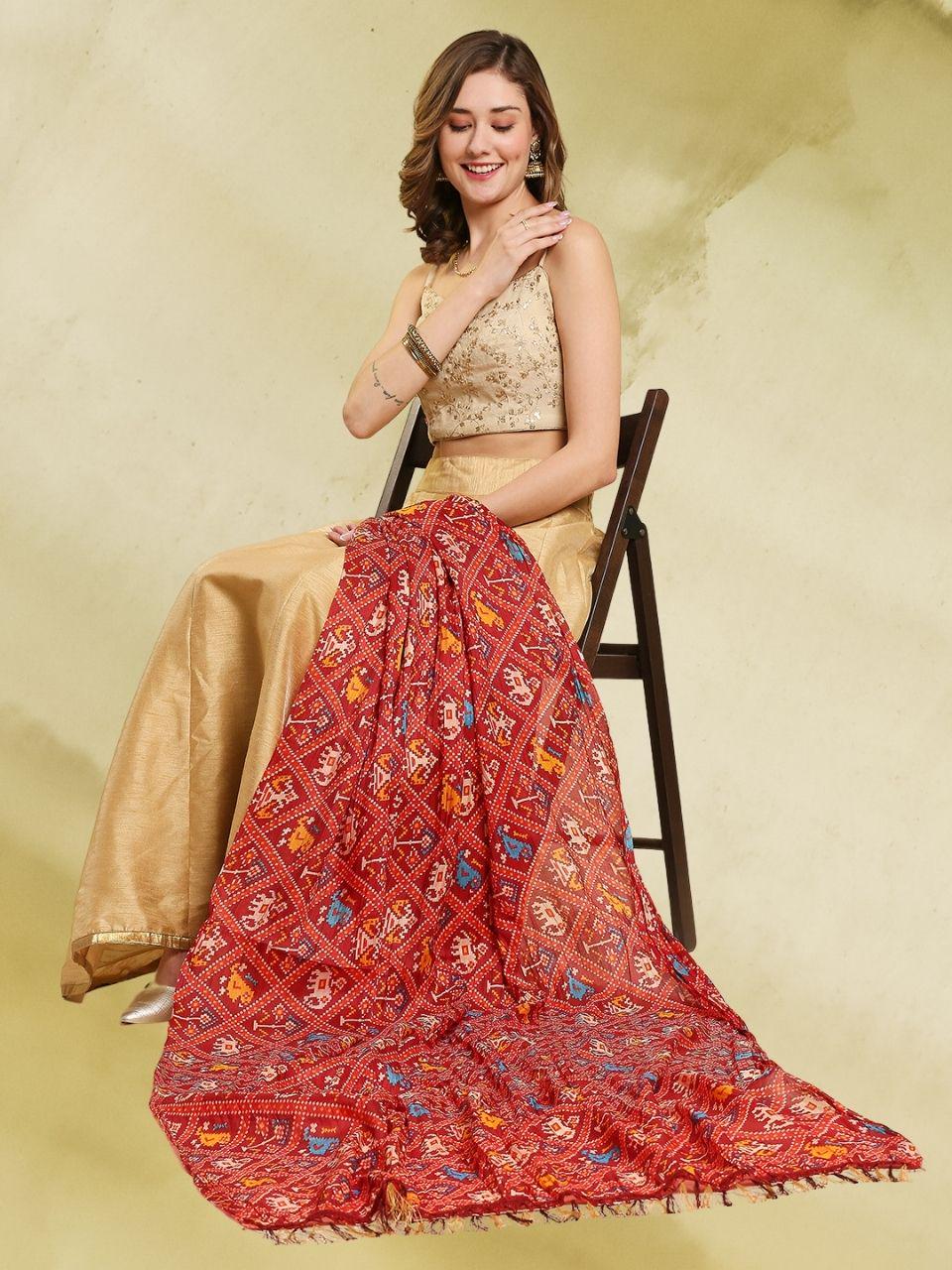 Crushed patola printed red color art silk dupatta/shawl/stole