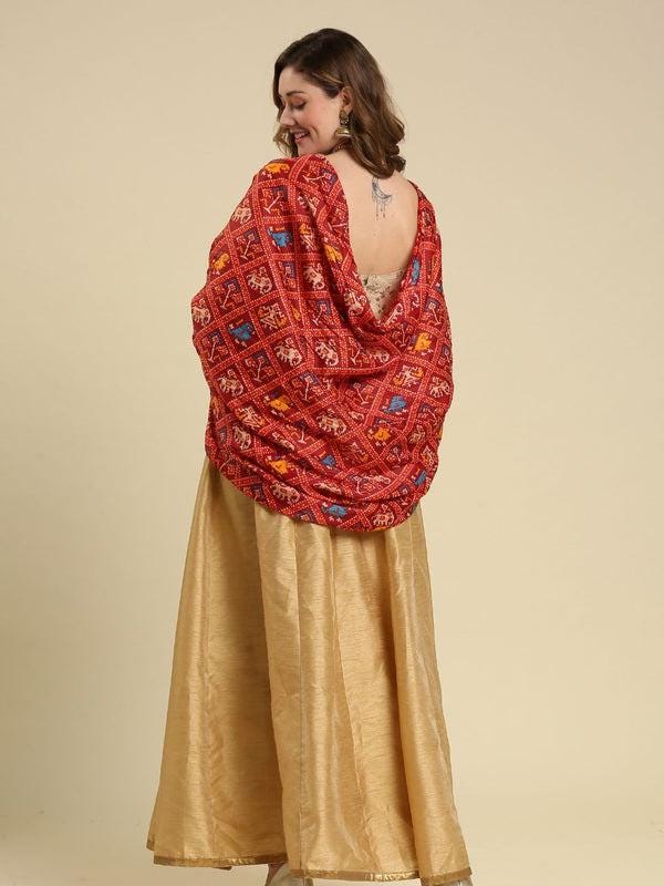 Crushed patola printed red color art silk dupatta/shawl/stole
