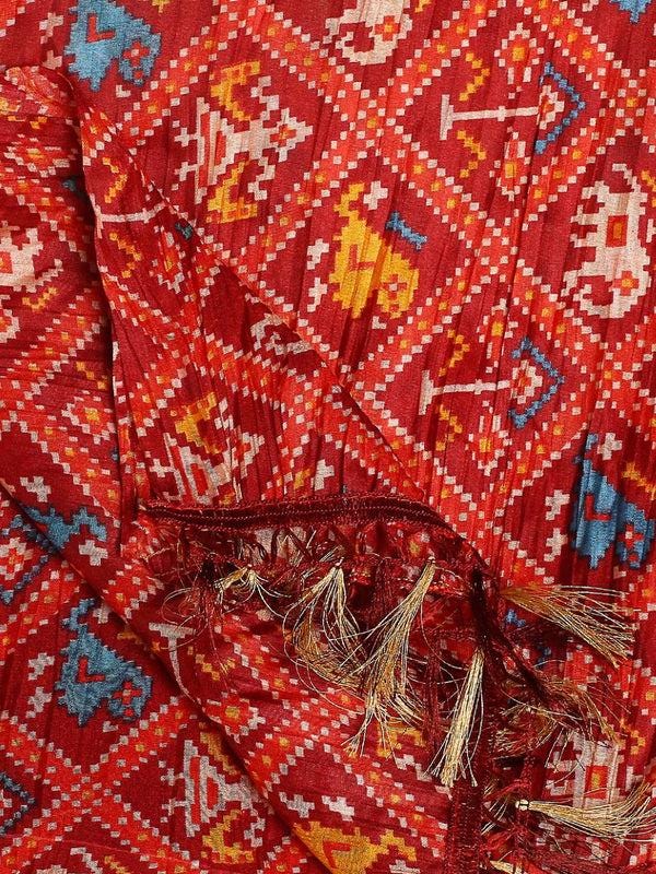 Crushed patola printed red color art silk dupatta/shawl/stole
