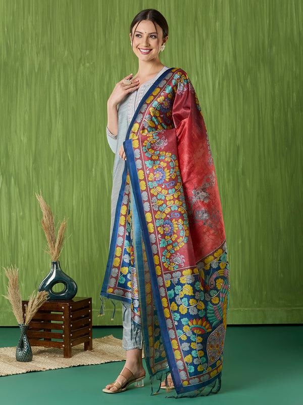 Ethnic Pichwai Printed Maroon & Multi Assam Silk Dupatta dupatta/shawl/stole