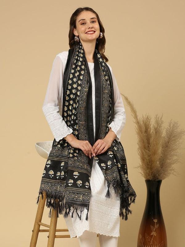 Black & Beige Printed Art Silk Dupatta/shawl/stole